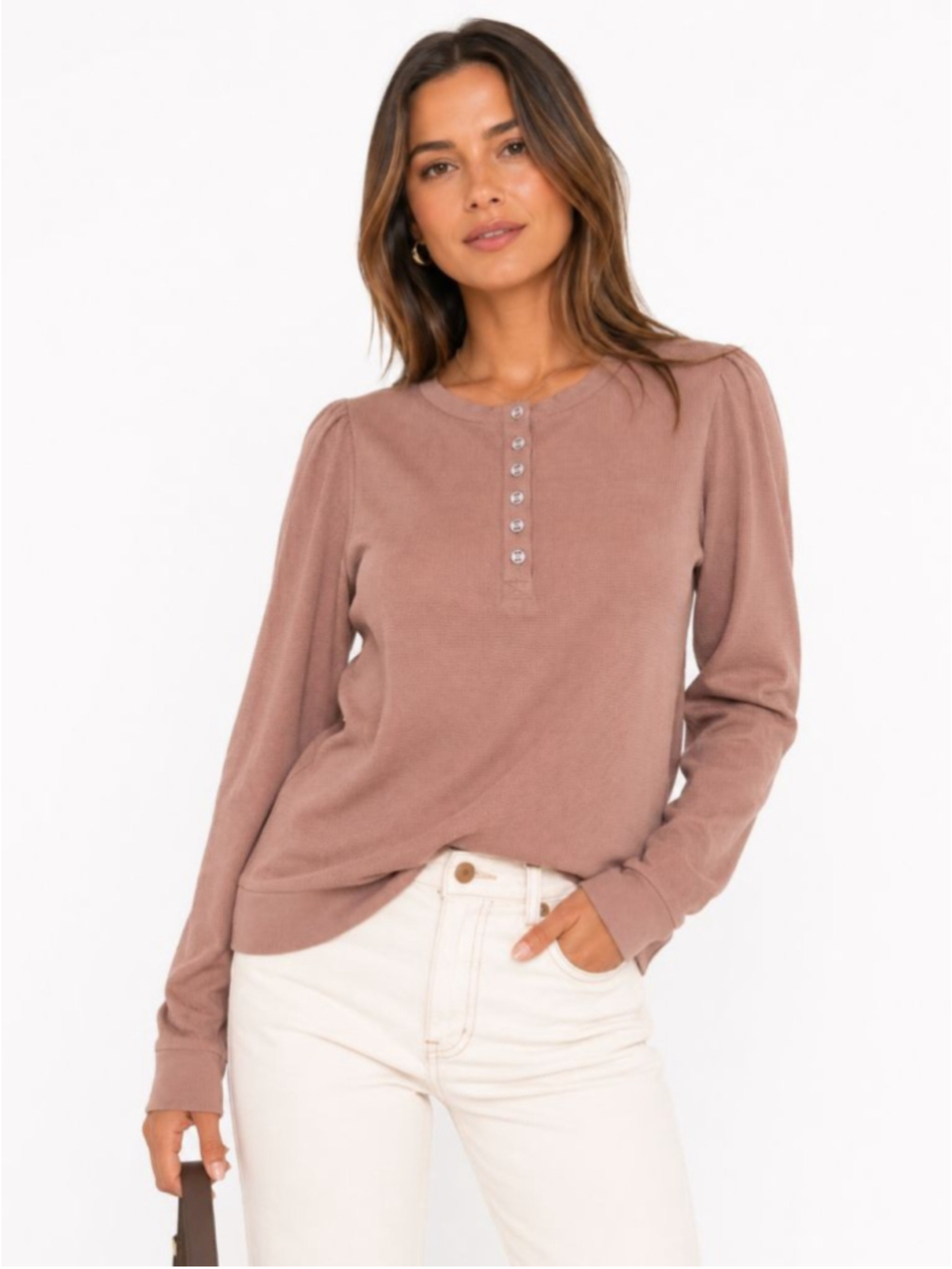 Splendid Waffle Knit Henley Top XS Beige Long Sleeve Puff Shoulder NWOT